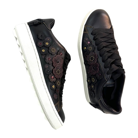 Coach Tea Rose Low Top, Leather Sneakers Black/Floral Details Women’s Size: 7.5 - Picture 9 of 16